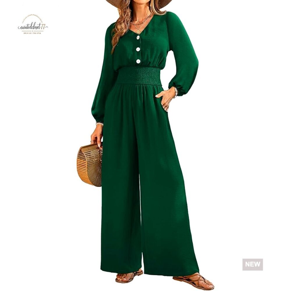 Long Sleeve V-Neck Jumpsuit Wide Leg Pants High Waist One Piece Outfit